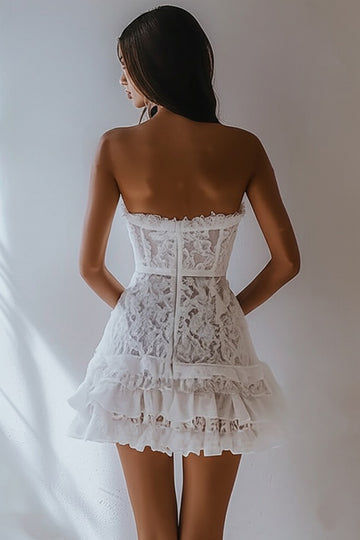 Strapless Lace White A Line Short Graduation Dress